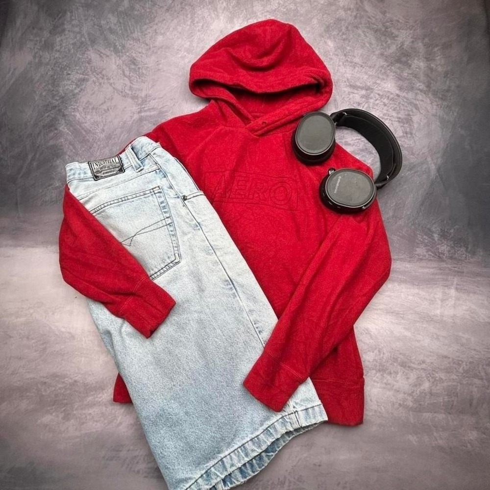 Red Aeropostale‎ Fleece Hoodie Tonal Chest Logo Classic Y2K Cozy Streetwear